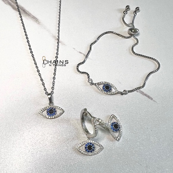 Necklace, Earrings, & Bracelet SET, Turkish Evil Eye Silver zircon blue eyes 🧿 - Picture 1 of 6